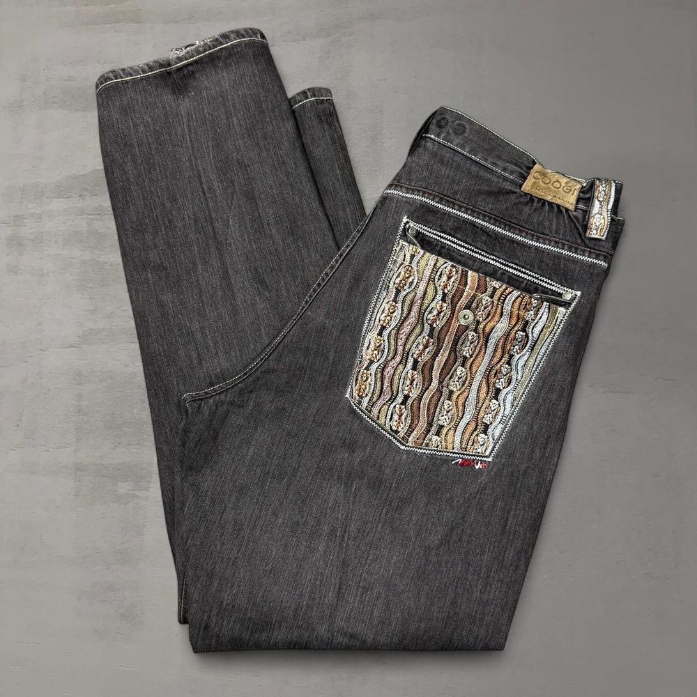Vintage COOGI 90s Black 3D Knit‎ Embroidered Pocket Jeans Baggy Size 40 x 35